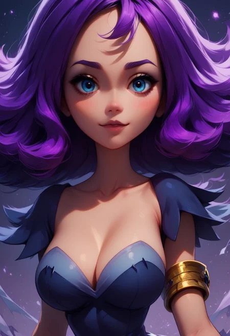 score_9, score_8_up, score_8,
acerola (pokemon), purple hair, purple hair, topknot, flipped hair, collarbone, purple dress, stitches, multicolored dress, armlet,
big breasts,
solo, upper body, looking at viewer,