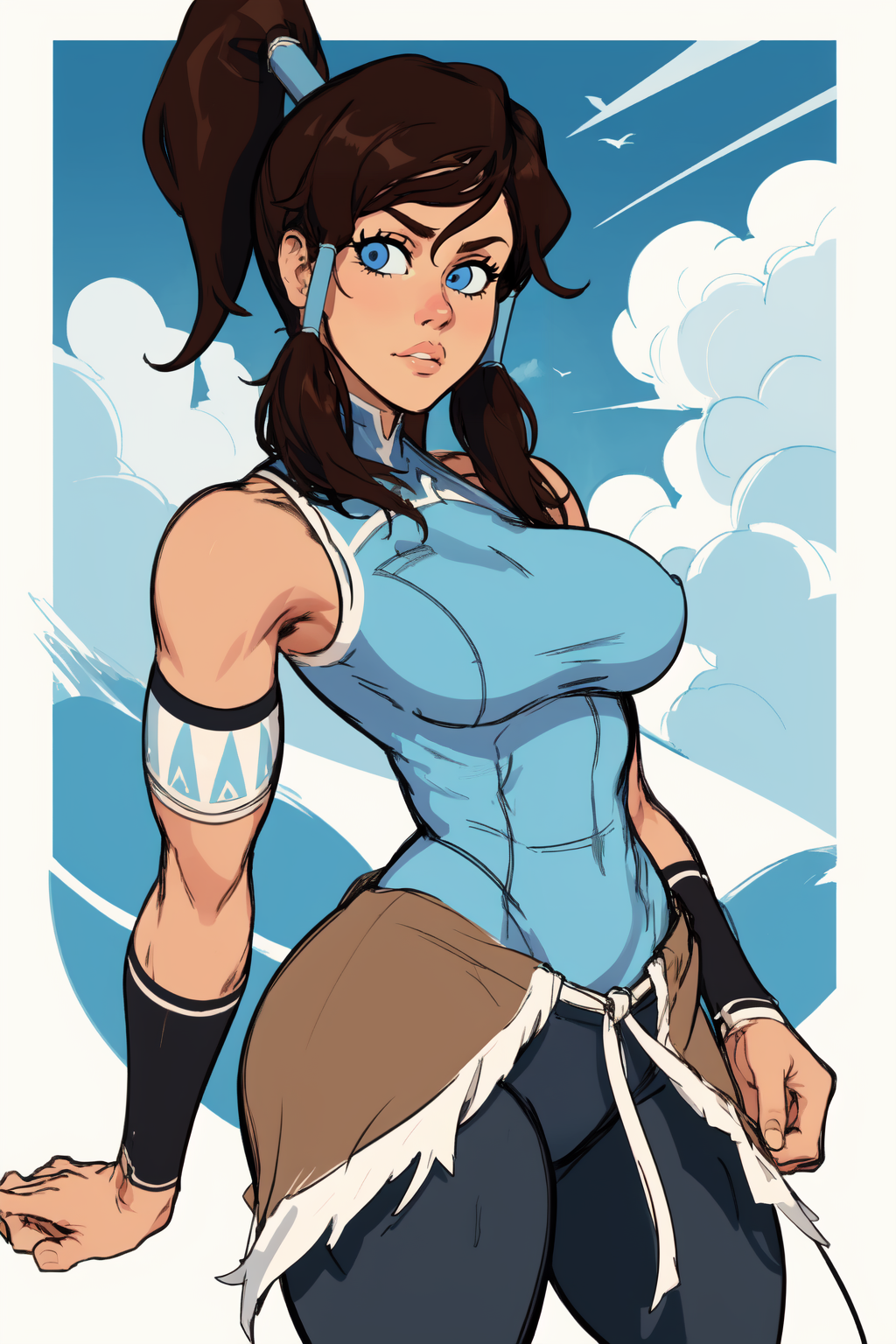 1girl, (solo:1.2), (cowboy shot:1.2), (looking at viewer:1.3),
<lora:Korra [justTNP - v1.0]:1> korra, dark skin, (dark-skinned female:1.2), pants, ponytail, hair tubes, sleeveless, bare shoulders, brown hair, blue eyes, toned, (muscular female), (large breasts:1.2), curvy
BREAK <lora:Brekkist [MockAi - v1.0]:0.85> brekkist, (sketchy artstyle:1.4), (sketch:1.2), (simple shading), (coarse lineart:1.3), western artstyle, incomplete rendering, (low contrast:1.3
BREAK intricate details, (masterpiece:1.3), (best quality:1.3), (perfect anatomy:1.4) BREAK, (beautiful white clouds:1.3), puffy clouds, white sky