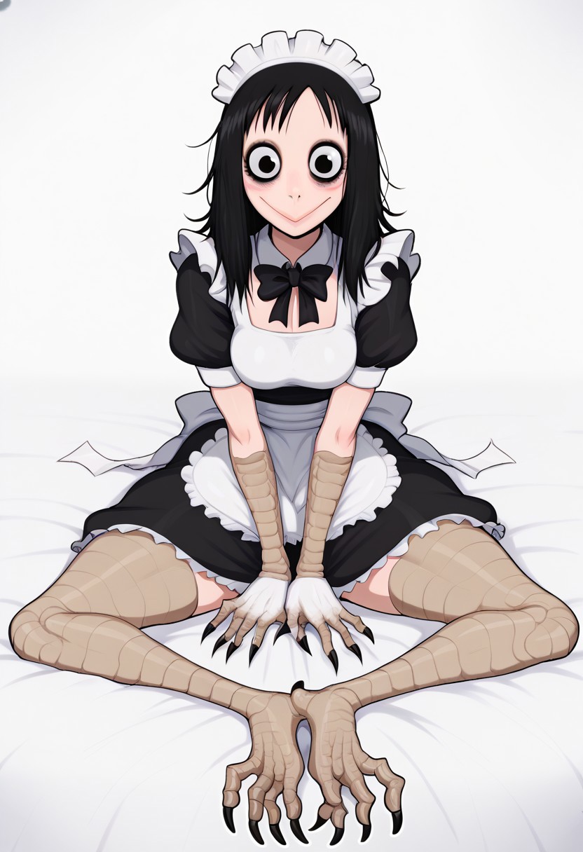 masterpiece, best quality, uncensored, source_anime BREAK score_9, score_8_up, score_7_up, score_6_up, score_5_up, score_4_up, 1girl, solo, momocreepypasta, monster girl, avian humanoid, long hair, black hair, black eyes, wide eyed, wide smile, scuted arms , scuted legs, scutes, claws, talons, Expressiveh, thin, CURVY GIRL, big lips, enormous lips, big eyelashes, enormous eyelashes, closed mouth, medium breasts, creepy, horror \(theme\), nightmare fuel, long eyelashes, full lips <lora:Expressive_H:0.6> <lora:add-detail-xl:0.5> <lora:MomoCreepypasta:0.8>1girl,solo,wariza,barefoot,feet,toenails,toenail polish,toes,spread toes,maid headdress,maid,gloves,apron,looking at viewer,white gloves,blush,simple background,short sleeves,closed mouth,maid apron,dress,puffy sleeves,black dress,white apron,frills, hand between legs,between legs,bow,bowtie,puffy short sleeves,black bow,black bowtie,v arms,frilled apron,black ribbon,ribbon,expressionless,collared dress,lace trim,long stockings,gloves with covered claws,stockings with covered claws