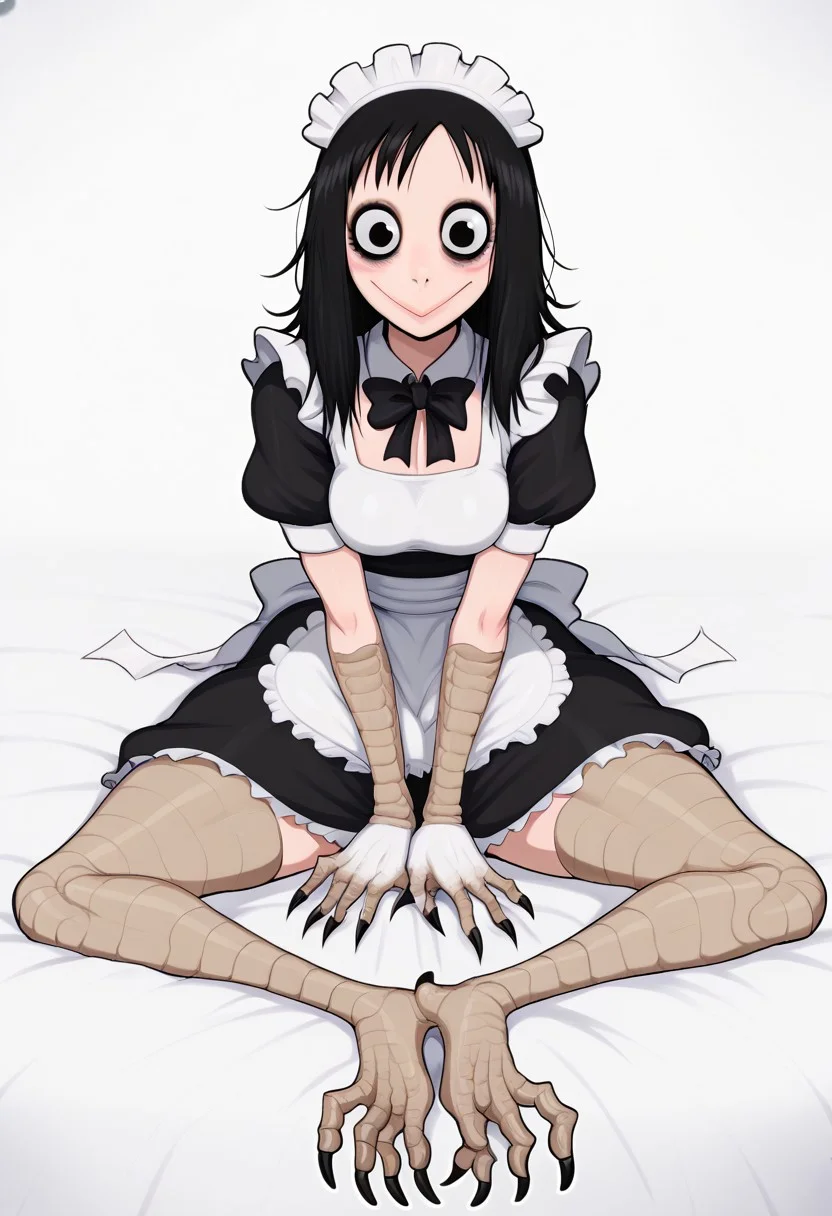 masterpiece, best quality, uncensored, source_anime BREAK score_9, score_8_up, score_7_up, score_6_up, score_5_up, score_4_up, 1girl, solo, momocreepypasta, monster girl, avian humanoid, long hair, black hair, black eyes, wide eyed, wide smile, scuted arms , scuted legs, scutes, claws, talons, Expressiveh, thin, CURVY GIRL, big lips, enormous lips, big eyelashes, enormous eyelashes, closed mouth, medium breasts, creepy, horror \(theme\), nightmare fuel, long eyelashes, full lips <lora:Expressive_H:0.6> <lora:add-detail-xl:0.5> <lora:MomoCreepypasta:0.8>1girl,solo,wariza,barefoot,feet,toenails,toenail polish,toes,spread toes,maid headdress,maid,gloves,apron,looking at viewer,white gloves,blush,simple background,short sleeves,closed mouth,maid apron,dress,puffy sleeves,black dress,white apron,frills, hand between legs,between legs,bow,bowtie,puffy short sleeves,black bow,black bowtie,v arms,frilled apron,black ribbon,ribbon,expressionless,collared dress,lace trim,long stockings,gloves with covered claws,stockings with covered claws