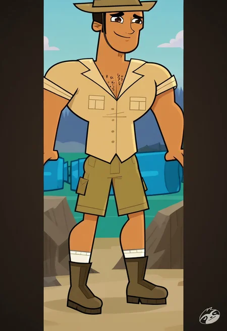 score_9, score_8_up, score_7_up, score_4, score_5, score_6, dynamic view, dynamic pose, High Quality, perfect body, cartoon source, break
Diego Olivo, 1boy, solo, tanned skin, brown eyes, chest hair, muscular, Big chest, Big pecs, thick eyebrows, hat, ochre shirt, olive green shorts, white socks, brown boots, break
beach, sunny, blue sky.