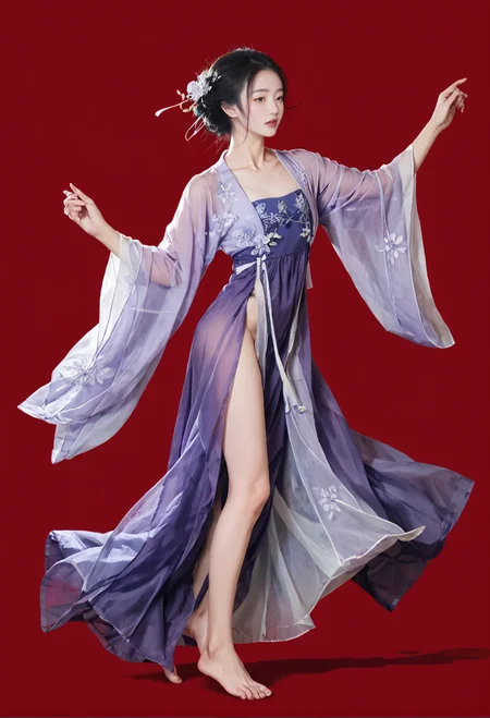 red background,dancing,barefoot,,ruanyi0752,hanfu,purple dress,see-through,wide sleeves,<lora:0752 Wisteria butterfly hanfu_v1_pony:1>, score_9,score_8_up,score_7_up,,8k,1girl,solo,
