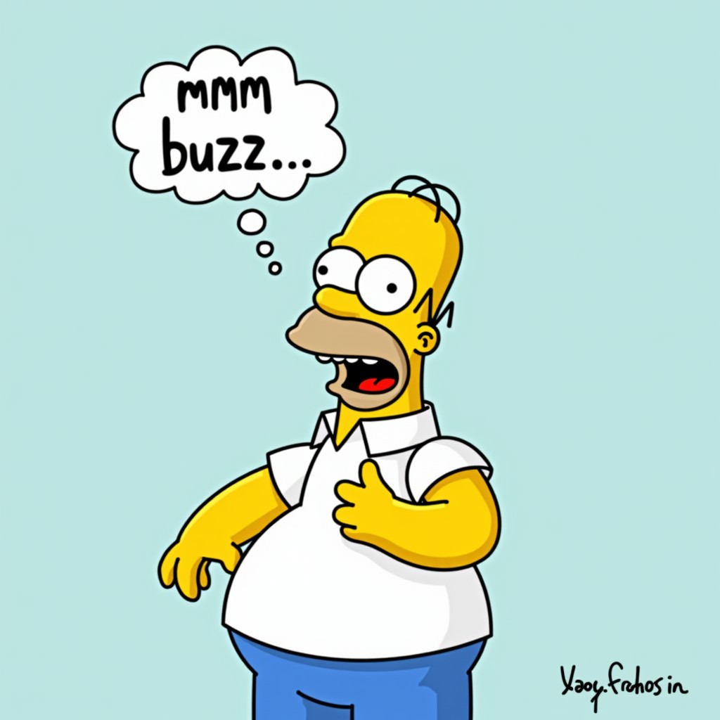 Homer Simpson, classic dreaming pose, drooling, thought bubble, "mmm, buzz...", cartoon style, yellow skin, bald head with two hairs, blue pants, white shirt, iconic character, playful expression, humorous, simple background, vibrant colors, animated look, relaxed posture.