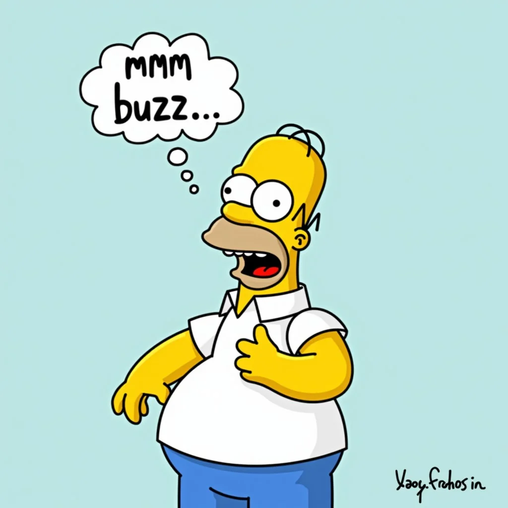 Homer Simpson, classic dreaming pose, drooling, thought bubble, "mmm, buzz...", cartoon style, yellow skin, bald head with two hairs, blue pants, white shirt, iconic character, playful expression, humorous, simple background, vibrant colors, animated look, relaxed posture.