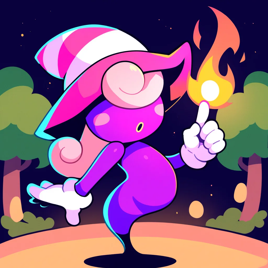 score_9, score_8_up, score_7_up, score_6_up, source_anime, best quality, night, black background, forest, BREAK 1girl, solo, vivian_(\paper_mario\), purple body, pink hat, witch hat, ghost, pink hair, gloves, long hair, no eyes, no legs, fire magic, pointing, parted lips <lora:PDXL_Vivian_PM:1>