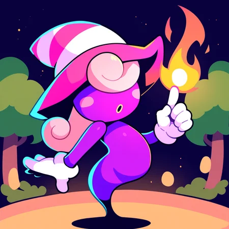 score_9, score_8_up, score_7_up, score_6_up, source_anime, best quality, night, black background, forest, BREAK 1girl, solo, vivian_(\paper_mario\), purple body, pink hat, witch hat, ghost, pink hair, gloves, long hair, no eyes, no legs, fire magic, pointing, parted lips <lora:PDXL_Vivian_PM:1>