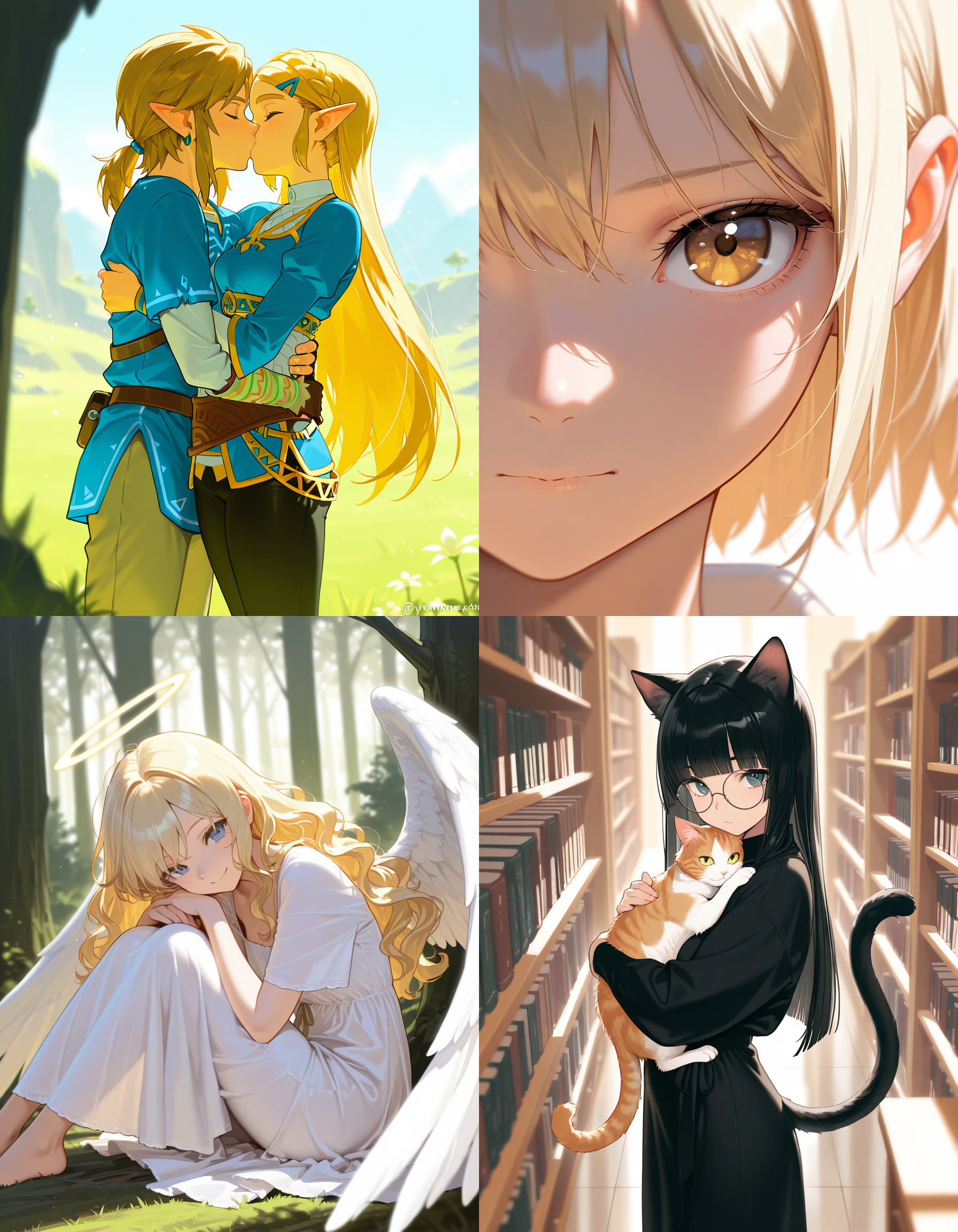 https://civitai.com/articles/8642 __ 1st image: masterpiece, best quality, 1girl, 1boy, princess zelda, the legend of zelda: breath of the wild, standing, kiss, hug, closed eyes, outdoors __ 2nd image: masterpiece, best quality, 1girl, face, portrait, looking at viewer, closed mouth __ 3rd image: masterpiece, best quality, 1girl, solo, blonde hair, wavy hair, angel, angel wings, halo, smile, sitting, forest, white dress __ 4th Image: masterpiece, best quality, 1girl, solo, long hair, black hair, blunt bangs, straight hair, round eyewear, cat girl, cat ears, cat tail, standing, hug, cat, looking at viewer, library