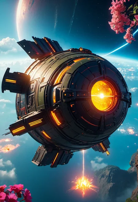 4D render, blender, landscape, Ancient,apocalypse, perfect world, ARK game style, cyberpunk 2077, unreal engine 5 graphics style, spaceship, outdoors, icon, floating in the air, outer space planet, sky gate,dinheirosaurus, human, bulding night, meteor aurora , flower, top-down view, firefly -ar 9:16, high saturation, high contract, fire effcect, bigbang, top-down view