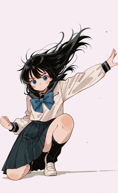 masterpiece, best quality, good quality, newest, highres, absurdres, 1girl, solo, long hair, looking at viewer, blue eyes, simple background, shirt, skirt, black hair, long sleeves, white background, bow, closed mouth, school uniform, white shirt, full body, pleated skirt, shoes, socks, serafuku, sailor collar, floating hair, blue bow, white footwear, black socks, outstretched arm, clenched hand, black sailor collar, on one knee, (oharu-chan:0.85), (shimashiro itsuki:1.2),
retro artstyle, retro, vfaix, <lora:illustriousXL_stabilizer_v1.23:0.3> <lora:NOOB_vp1_detailer_by_volnovik_v1:0.3> <lora:ponyv6_noobE11_2_adamW-000017:0.3> <lora:retro_scifi_artstyle_illustriousXL-000021:0.5> <lora:veluflora-wai:0.75>