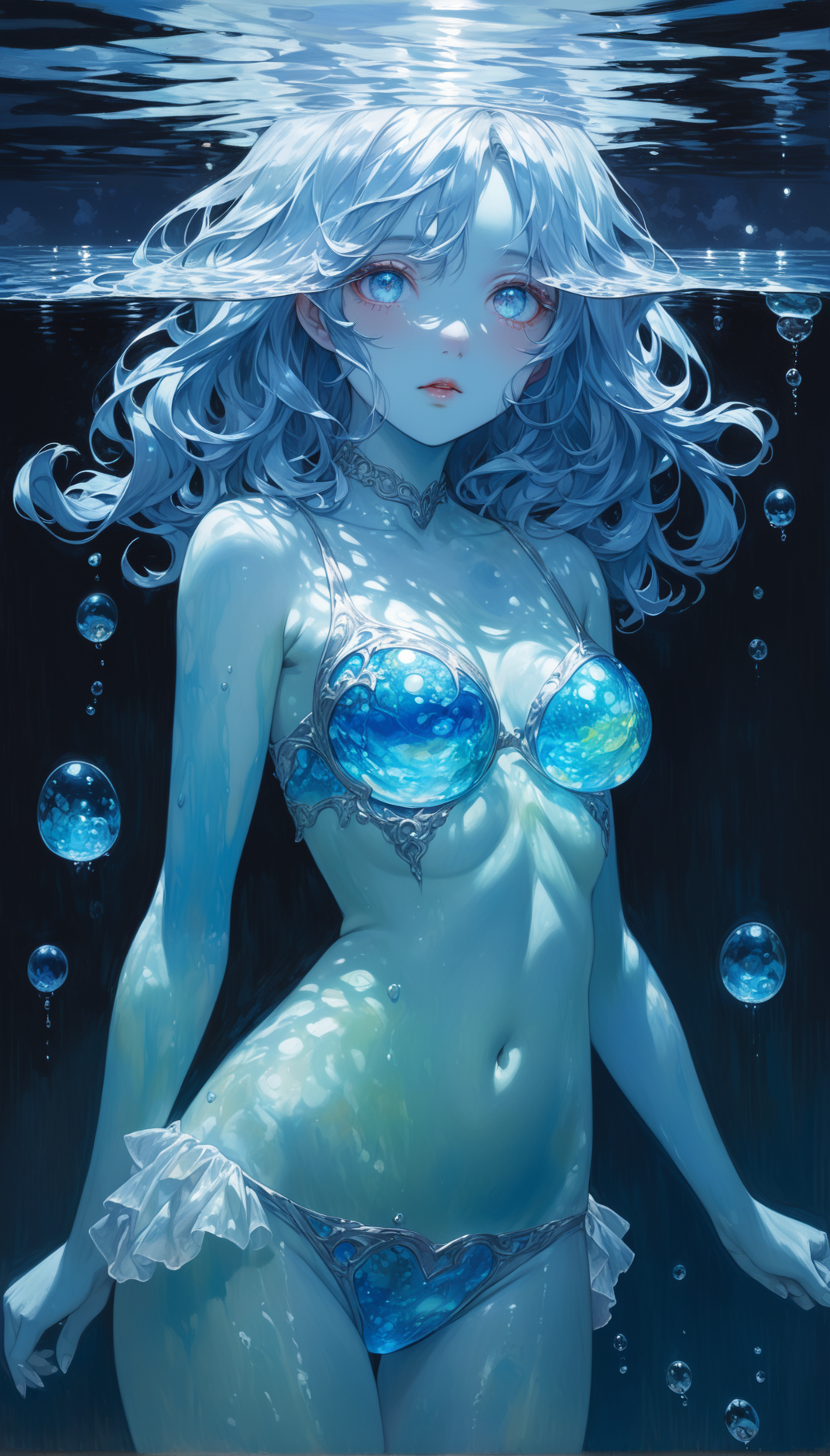 slime girl, slime, Gelatine, phantasmagorical figure, translucent blue skin, translucent body, colorful, partially submerged, moonlight, upper body, navel, extremely detailed,
[pearl:opal:0.5], oil painting \(medium\), oil painting, impasto, chiaroscuro, scumbling, alla prima, underpainting,
very aesthetic, masterpiece, best quality, hyper detailed, ultra detailed, UHD, perfect anatomy, dazzling, transparent, detailed Illustration, official artwork, wallpaper, official art, extremely detailed eyes and face, beautiful detailed eyes,
emerging from lake, partially submerged, partially underwater shot,
<lora:Gelatine_XL:1>
<lora:castlevania_ayami_kojima_xl:1>
<lora:add-detail-xl:0.75>
<lora:quality1:0.75>
<lora:extremely_detailed:0.6>
<lora:IOS_Iridescent_opal_style:0.6>