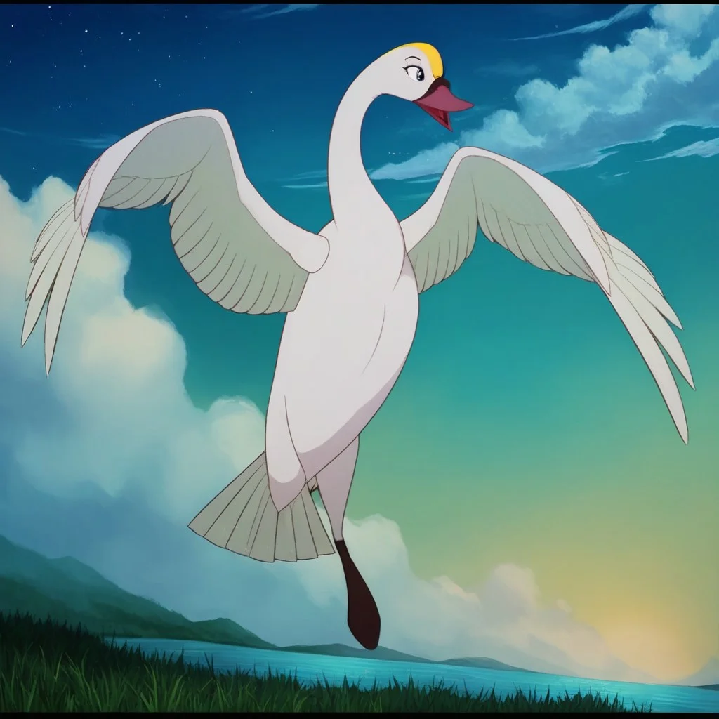 score_9, score_8_up, score_7_up, score_6_up, score_5_up, j_cartoon, highly detailed, ((detailed shaders)), BREAK, Odette, ((Fera)), Swan, tongue, daytime sky, letterbox, yellow spot on head, day, lake, flying, spread wings, odette, blue eyes, feathered, white swan, sky, cloud, non-human, outdoors, ripples, starry sky, open mouth, fish , full body, happy,