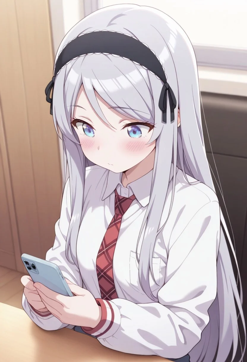 masterpiece,best quality,amazing quality, houjou shisei, long hair, blue eyes, grey hair, 1girl, solo, red necktie, phone, necktie, holding, hairband, blush, holding phone, shirt, collared shirt, black hairband, long sleeves, white shirt