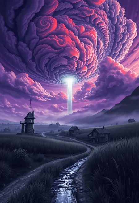 look from downhill river, faraway view , monochrome, best quality, absurd resolution, 26k wallpaper, with hints of purple and red, oil-matte painting, busy skies, circular shape clouds, watchtower, intricate clouds, drawing masterpiece, very tall grass that is bend by the strong wind, night, beautifully crafted architecture, calm and relaxing art, black and white, fantasy village, houses made out of stone and wood with dirt roads, swamp far away, creative perspective, the skies are bright purple and clouds are red, some houses are multi story, center of the frame is extremely wide and tall Huge obsidian obelisk descending from the skies and emits light, detailed wheat field, strong wing bends the tall grass, at the background there is a huge storm coming consuming the calm skies, surreal thunders coming out of that detailed sky, far from a peaceful village, corrupt ground under the storm far away, great sense of scale, mountains to the right side of the frame, UHD, very good quality, slight fog, smooth, sharp