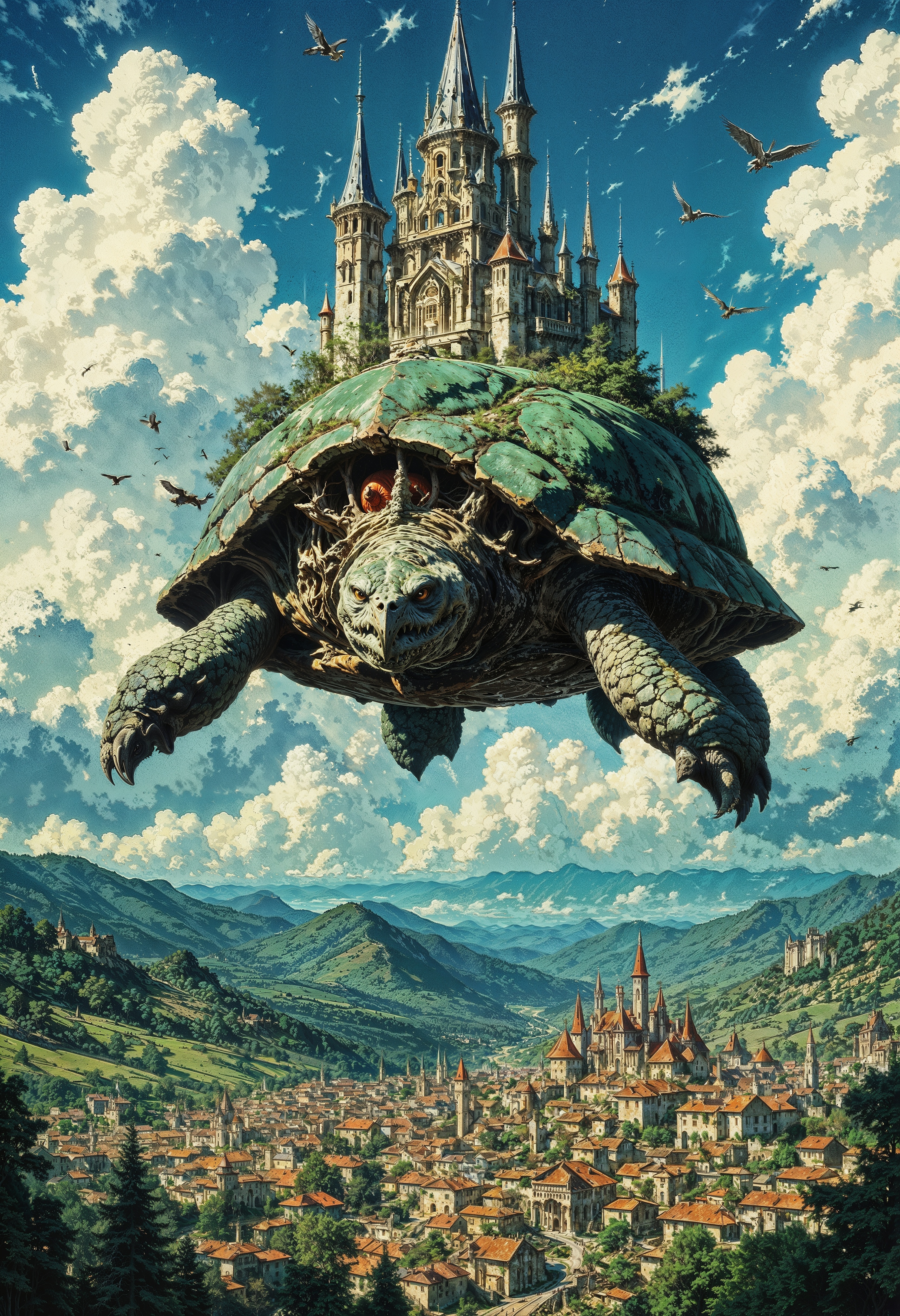 a vibrant, fantasy-style digital illustration featuring a massive turtle with a lush, green shell. On top of the turtle's shell, there is an intricately designed medieval castle with multiple spires and towers, giving it a majestic appearance. The turtle is depicted as floating in the sky, surrounded by fluffy clouds and a flock of birds, adding a sense of movement and wonder. Below, a sprawling village with red-tiled roofs and winding streets is visible, nestled in a verdant landscape. The color palette is rich with greens, blues, and earthy tones, creating a harmonious and enchanting scene. The overall composition is vertical, emphasizing the grandeur and scale of the turtle and castle against the expansive sky.