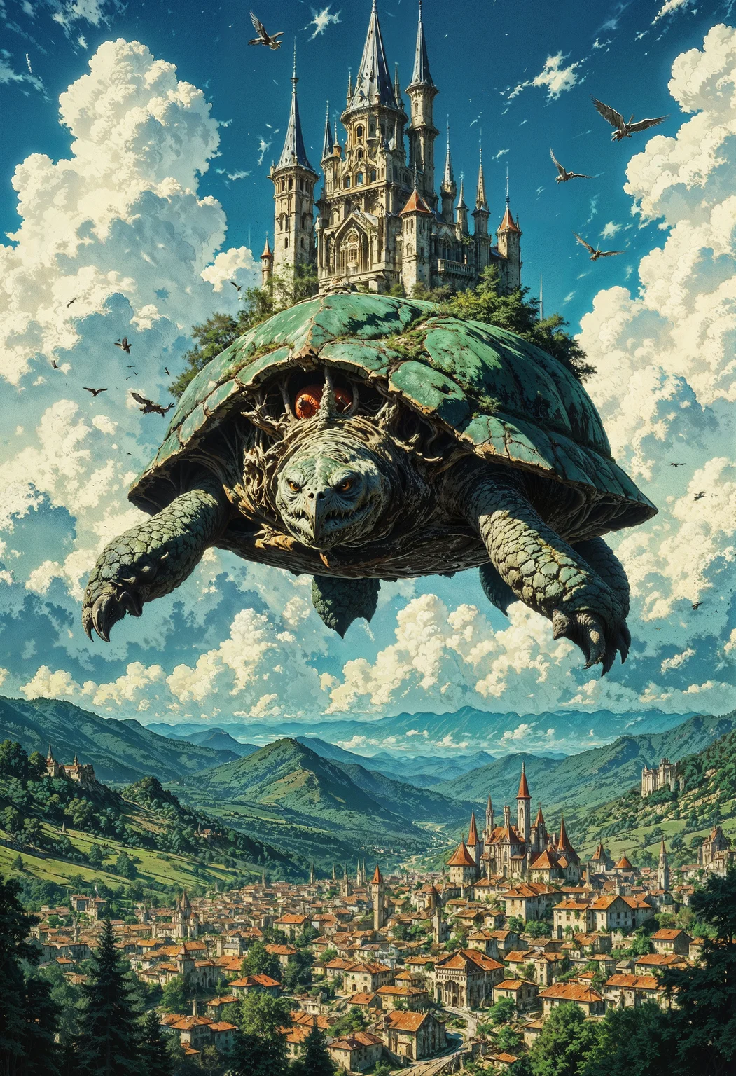 a vibrant, fantasy-style digital illustration featuring a massive turtle with a lush, green shell. On top of the turtle's shell, there is an intricately designed medieval castle with multiple spires and towers, giving it a majestic appearance. The turtle is depicted as floating in the sky, surrounded by fluffy clouds and a flock of birds, adding a sense of movement and wonder. Below, a sprawling village with red-tiled roofs and winding streets is visible, nestled in a verdant landscape. The color palette is rich with greens, blues, and earthy tones, creating a harmonious and enchanting scene. The overall composition is vertical, emphasizing the grandeur and scale of the turtle and castle against the expansive sky.