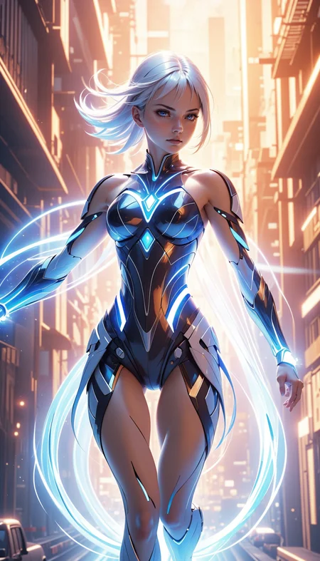 4n1v3rs3, (3d:1.4), computer graphic, CG art
A dynamic image depicts a young woman with short, black hair sprinting through a city street. She is dressed in a futuristic, form-fitting outfit that glows with blue energy patterns. Flames trail behind her, adding to the sense of speed and power. Her determined expression and intense focus convey her strength and resolve. The blurred cityscape in the background emphasizes her rapid movement and the energy emanating from her figure, (floating hair:1.4), serious,