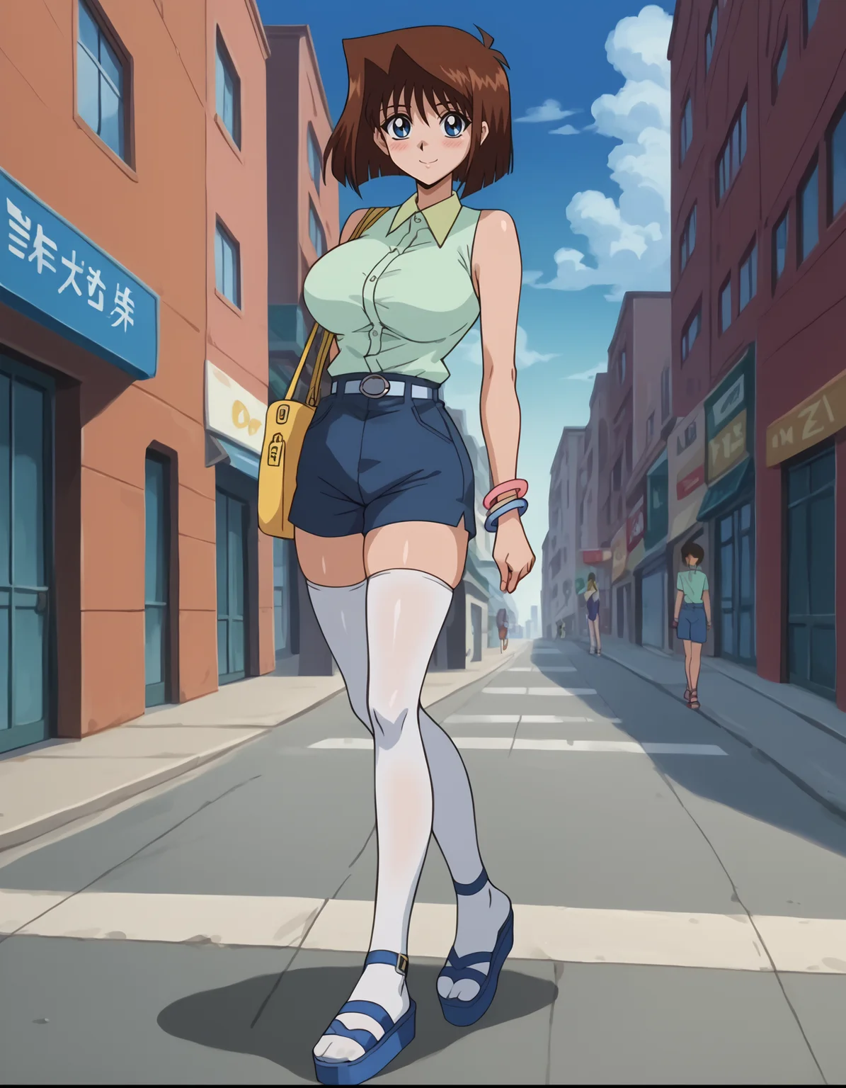 <lora:Anzu_MazakiPonyXL:0.7>, score_9, score_8_up, score_7_up, score_6_up, source_anime, anime screencap, BREAK, uncensored, brown hair, short hair, blue eyes, athletic sexy body, slim waist, huge breasts, anzumazakispe, light blue sleeveless shirt, belt, blue shorts, white thighhighs, outdoors, city, sky, clouds, standing, blush, smile, covered feet, blue platform sandals, bracelets, lora:Anime_Screencap:1>, <lora:PerfectEyesXL:1>, <lora:thicc_v1.4-pony:1>, one strap purse, full body,