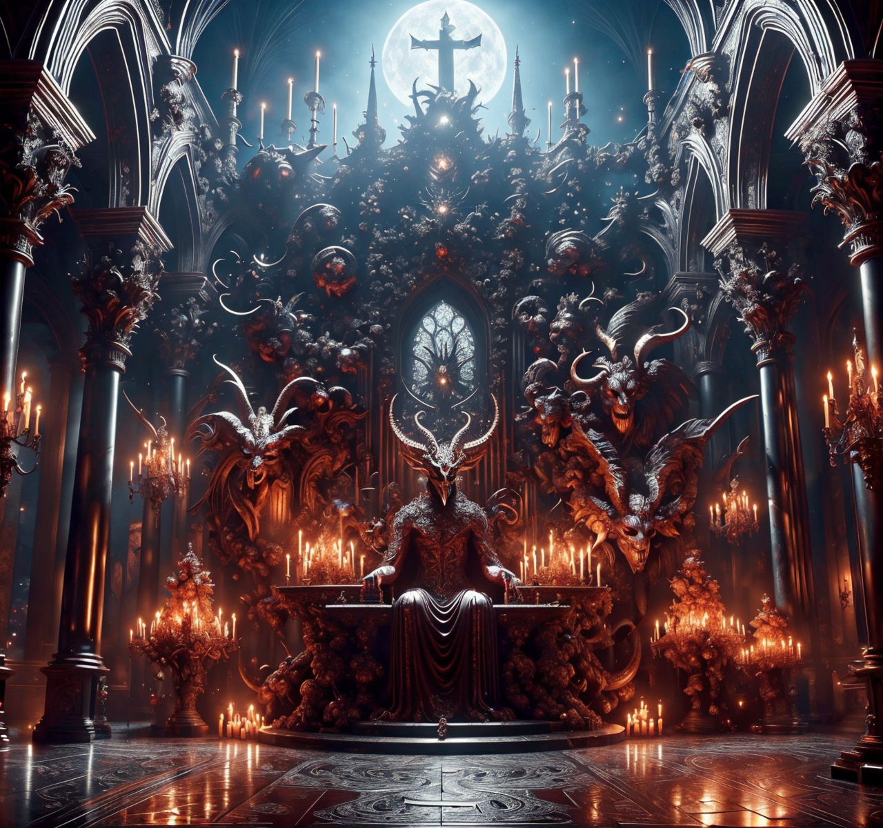 RAW photo, (masterpiece:1.3), subsurface scattering, heavy shadow, (high quality:1.4), (intricate, high detail:1.2), professional photography, HDR, High Dynamic Range, realistic, ultra realistic, photorealistic, high resolution, film photography, ambient lighting, atmospheric effects, <lora:detail_slider_v4:2>, OverallDetail,  <lora:InfernalCourt:1>, architecture, chandelier, church, demon girl, infco, male focus, mask, moon, no humans, solo, weapon, window