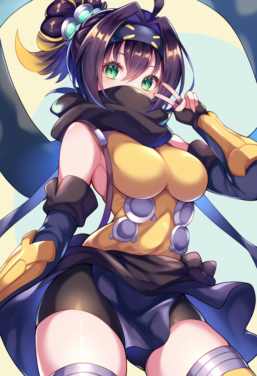 (score_9:0.9),score_8_up,score_7_up,anime style,rating_safe,(zPDXL),<lora:Sp little knight ponyXL v2:0.86>,Sp little knight,yellow clothes,black forehead protector,black fingerless elbow gloves,yellow thigh boots,silver hair ornament,1girl,solo,large breasts,looking at viewer,covered mouth,v,