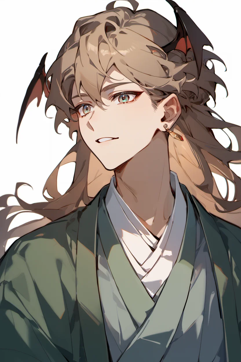 score_9, score_8_up, score_7_up, 1boy, solo, upper body
<lora:HeadWingsPony:1> demon head wings, multicolored head wings
<lora:ShenTafeiPony_V2:1> shentafei, green hanfu, long hair, light brown hair, two-colored eyes, earnings, jewelry