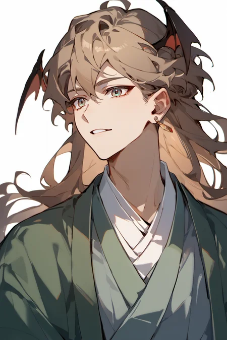 score_9, score_8_up, score_7_up, 1boy, solo, upper body
<lora:HeadWingsPony:1> demon head wings, multicolored head wings
<lora:ShenTafeiPony_V2:1> shentafei, green hanfu, long hair, light brown hair, two-colored eyes, earnings, jewelry