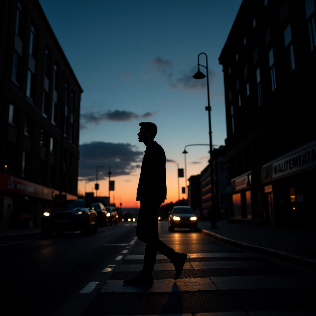 <lora:Chiaroscuro Lighting Style v1:1>
Chiaroscuro Lighting Style of a person walking down a street at night, sharp, detailed, perfect, perfection, realism, cinematic exposure, cinematic color, cinematic contrast, dramatic style, cinematic style, dramatic shadow, partially covered in shadow, Chiaroscuro Lighting Style, outdoors, sky, night, ground vehicle, building, scenery, motor vehicle, walking, city, sign, car, road, lamppost, street, pavement, crosswalk, 1boy, cloud, shadow, sunset, silhouette, twilight, vanishing point, evening