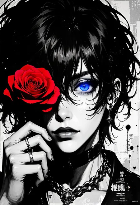 A close-up, artistic portrait of a mysterious character with wild, disheveled black hair obscuring parts of their face. clutching a vibrant red rose in her hand, chain rolls down offscreen, One eye is vividly glowing in an intense  blue hue, radiating with a subtle, ethereal energy that contrasts against the darker tones. The expression is a mix of sorrow and menace, The artwork features glitch effects and digital distortions, creating an otherworldly, fragmented aesthetic. The style is bold, with heavy black ink strokes and high contrast, accentuated by abstract visual noise and scratches, emphasizing a chaotic, digital dystopian theme.