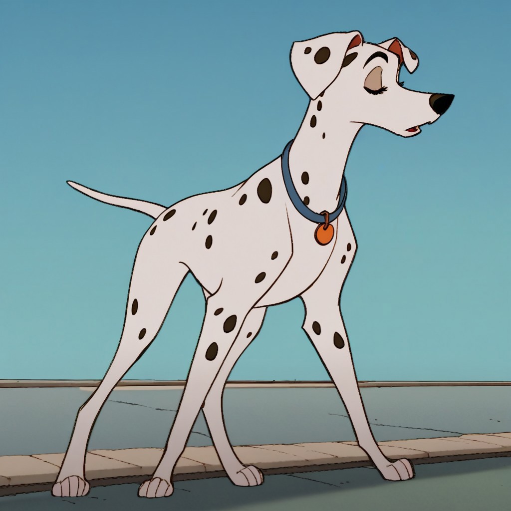 score_9, score_8_up, score_7_up,  j_cartoon, Disney, highly detailed, ((detailed shaders)), BREAK, perdita, ((Fera)), Dalmatian, closed eyes, outdoor, animalization, blue background, day, clear, black spots, 1 female, female focus, outdoor, transparent background, street, elegant walking, profile, side, blue collar, full shot