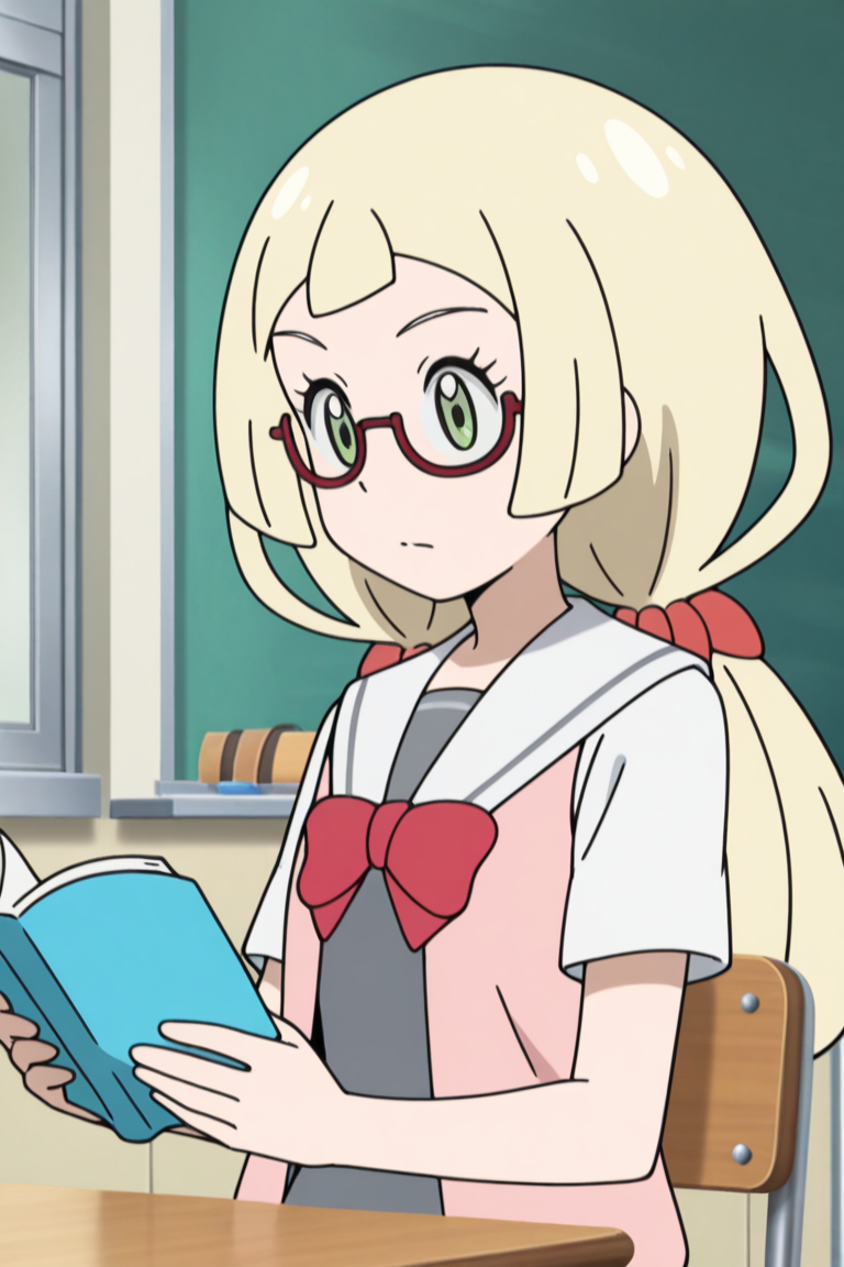 1girl, classroom, desk, sitting, on chair, holding book, open book, reading, upper body, 
<lora:lilie_v3:1> mag3ca gir7l, 
li7lie un7form,green eyes,long hair,blonde hair,tied hair,two pigtails,red glasses,gray school uniform,red bow,sailor collar, light pink open shirt,, masterpiece, high quality, absurdres, best quality, very aesthetic, newest,