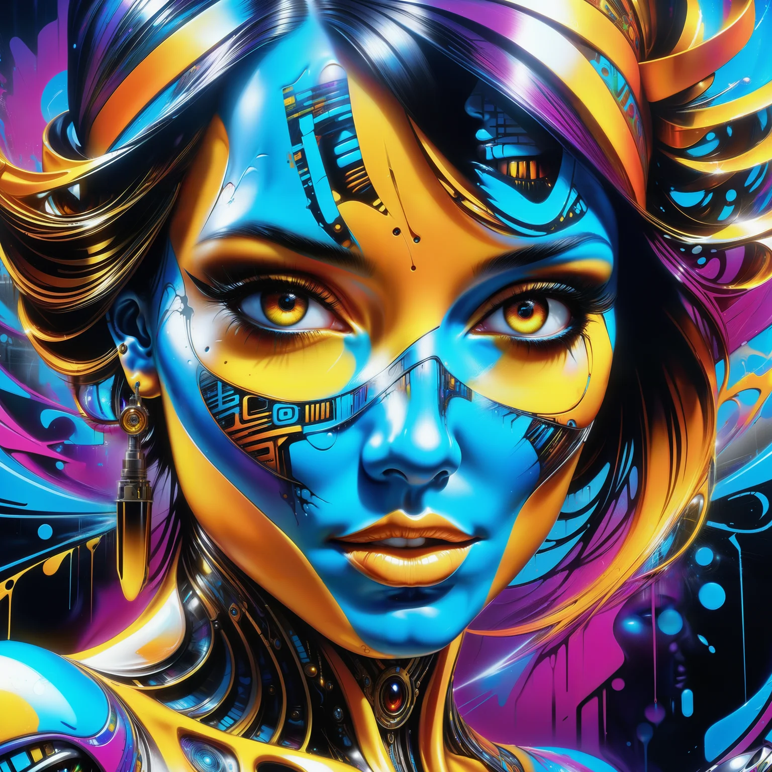 Jed-CyFut, masterpiece, full of details, positive emotional, Jed-Gr4ff1t1,wallpaper enginge, <lora:GraffitiStyle-000003:0.7>, <lora:CyberFuturisticStyle:0.7>, upper body shot of a (Woman:1.1) , from the 1800's, Ordered Scars, 800mm lens, highly complex, detailed, striking, extremely rich detail, cinematic, intense, radiant, dynamic cinematic color
