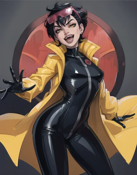beautiful, (masterpiece:1.2), (best quality:1.2), jubilee, black bodysuit, eyewear on head, yellow raincoat,  vampire teeth, open mouth, smile, evil eyes,  <lora:jubilee2-10:0.7>, foreshortening, depth,