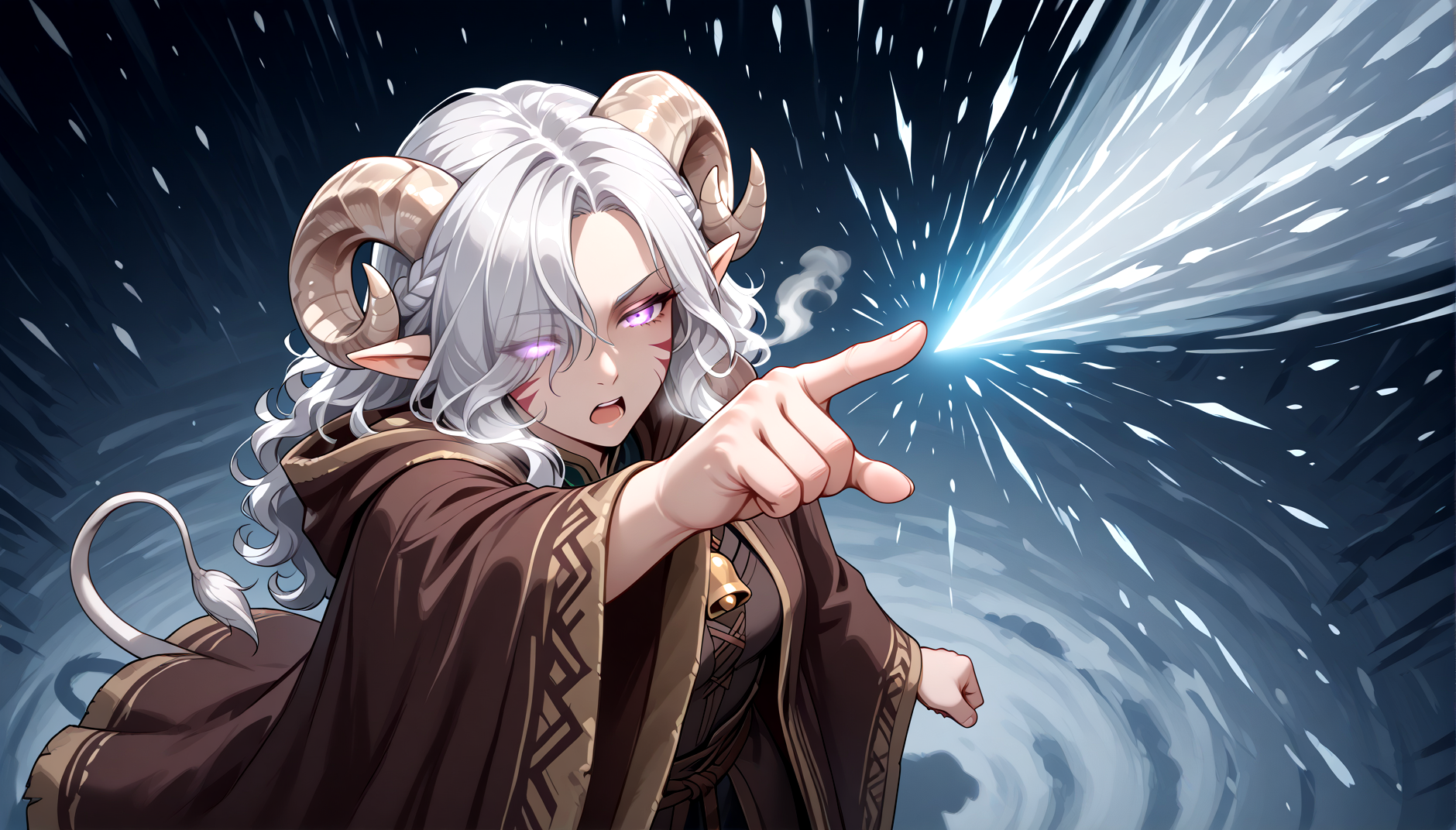 (Cone of Cold):1.6,<lora:Cone_of_Cold_magic:0.7> solo,   white tail,  emotionless, blizzard,   close up, best quality, masterpiece, tiefling, tail, anime,  pointy ears, tiefling, silver hair, ivory sheep horn, breath, pointing, 
<lora:whisker_markings:0.8>red whisker_markings:1.7, silver long wavy hair, bell necklace, short pointy ears, purple eyes, tiefling_bard_diana:1.2,   hair over one eye, braid, <lora:Tiefling_bard_Diana_ILXL:1>  cloak, palms, magic, aura, autumn, glowing eyes:0.2,  from above, open mouth,
cow tail:1.4,