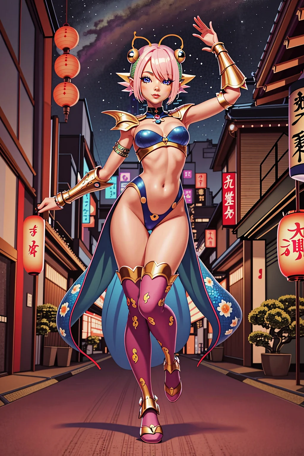 (masterpiece), (best_quality), (ultra-detailed), (illustration), (welcoming), 1girl, (musical genie salamander:1.3), (in Australian downtown Tokyo:1.3), scenery, full body, platinum hair, ahoge,short bombshell hair, [:seductive, skimpy costume design:0.2], glowing eyes,dancing,lying on bed, small breasts, wide hips, toned perfect hourglass figure,(muscular:0.6), , (armor:1.2), japanese, official art, vivid color, finely detailed, hyper detailed, 8k, high resolution illustration, absurdres, intricate detail <lora:EnvyBeautyMix01:1>