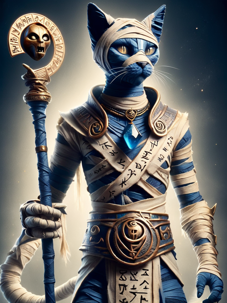 bastet, a cat dressed as a mummy, magic blue animals around the cat, casting a magic blue spell in left hand, holding bronce staff in right hand, wearing a round bronce necklace, wrapped in bandages with written runes on it <lora:bastet-sdxl:1>
