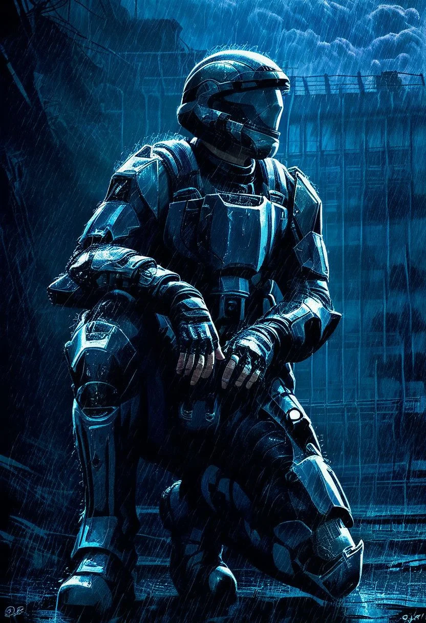 Score_9_up, score_8_up, score_7_up, 1man, solo, ODST, armor, helmet, fingerless gloves, on one knee, raining,