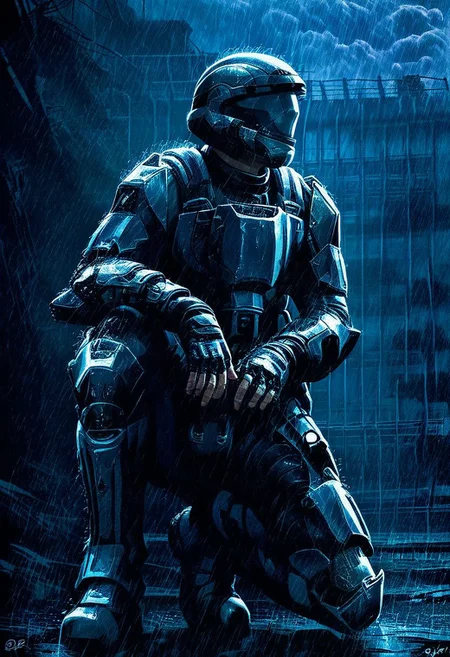 Score_9_up, score_8_up, score_7_up, 1man, solo, ODST, armor, helmet, fingerless gloves, on one knee, raining,