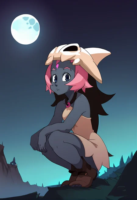(score_9, score_8_up), score_7_up, score_6_up, score_5_up, score_4_up, Coqueline, 1girl, blue skin, pink hair, blue eyes, skull hat, short beige dress, sleeveless, bare shoulders, halterneck, squatting, night, from side, hill, cliff, clouds, moon, mountains, looking at viewer, expressionless,  <lora:Coqueline_XL_Pony:1>  <lora:Wakfu (Autism XL):1> wakfu