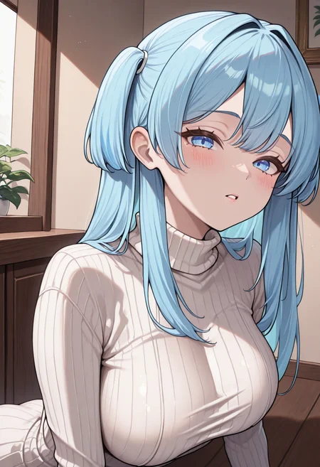 masterpiece, best quality, absurdres, highres, newest, 1girl, solo, <lora:shifty-nikke-richy-v1_ixl:1> shifty, blue eyes, blue hair, two side up, long hair, turtleneck sweater, ribbed sweater, white sweater, indoors, parted lips, looking at viewer, blush, <lora:richyrichmix-style-richy-v1_ixl:0.9>