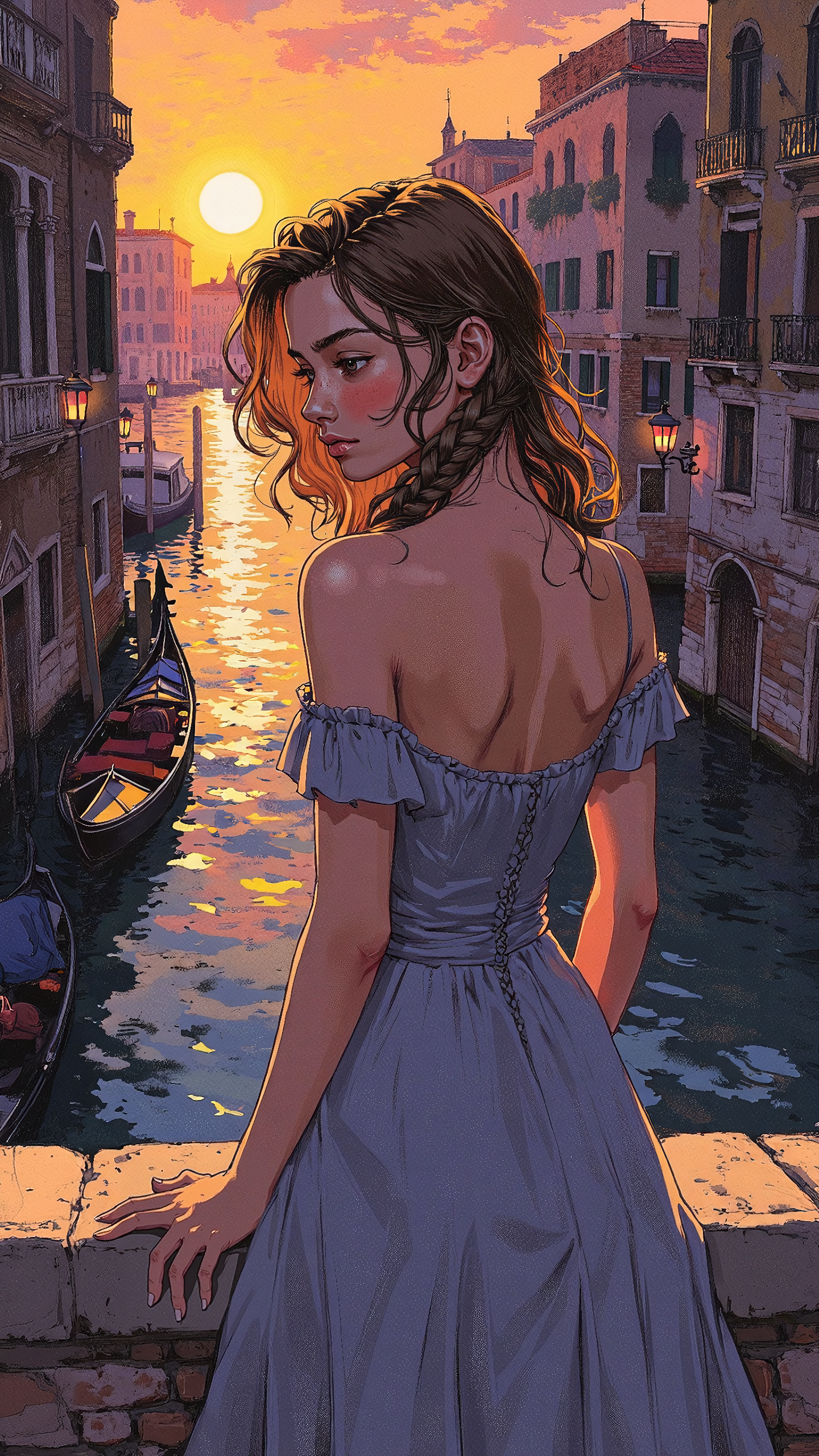 Be_luminous,High-resolution anime-style illustration with oil painting influences of a young woman standing on a stone bridge in Venice at sunset. Her wavy, chestnut-brown hair is intricately braided, a few strands escaping as the warm evening breeze brushes against her face. She rests both hands gently on the aged stone railing, leaning forward slightly as she gazes out over the shimmering canal with a serene yet wistful expression. Her off-shoulder dress catches the light, the soft fabric flowing elegantly as gondolas drift lazily below. The golden hues of the setting sun reflect off the water, blending into deep purples and blues, while warm lanterns flicker to life along the historic streets. Thick, expressive brushstrokes enhance depth and texture, merging oil painting richness with delicate anime details, evoking a timeless, romantic atmosphere <lora:Comic_Style_-_FLUX:0.6> <lora:oilpaintzver5:0.4> <lora:Be_luminous_flux_lora:0.4>