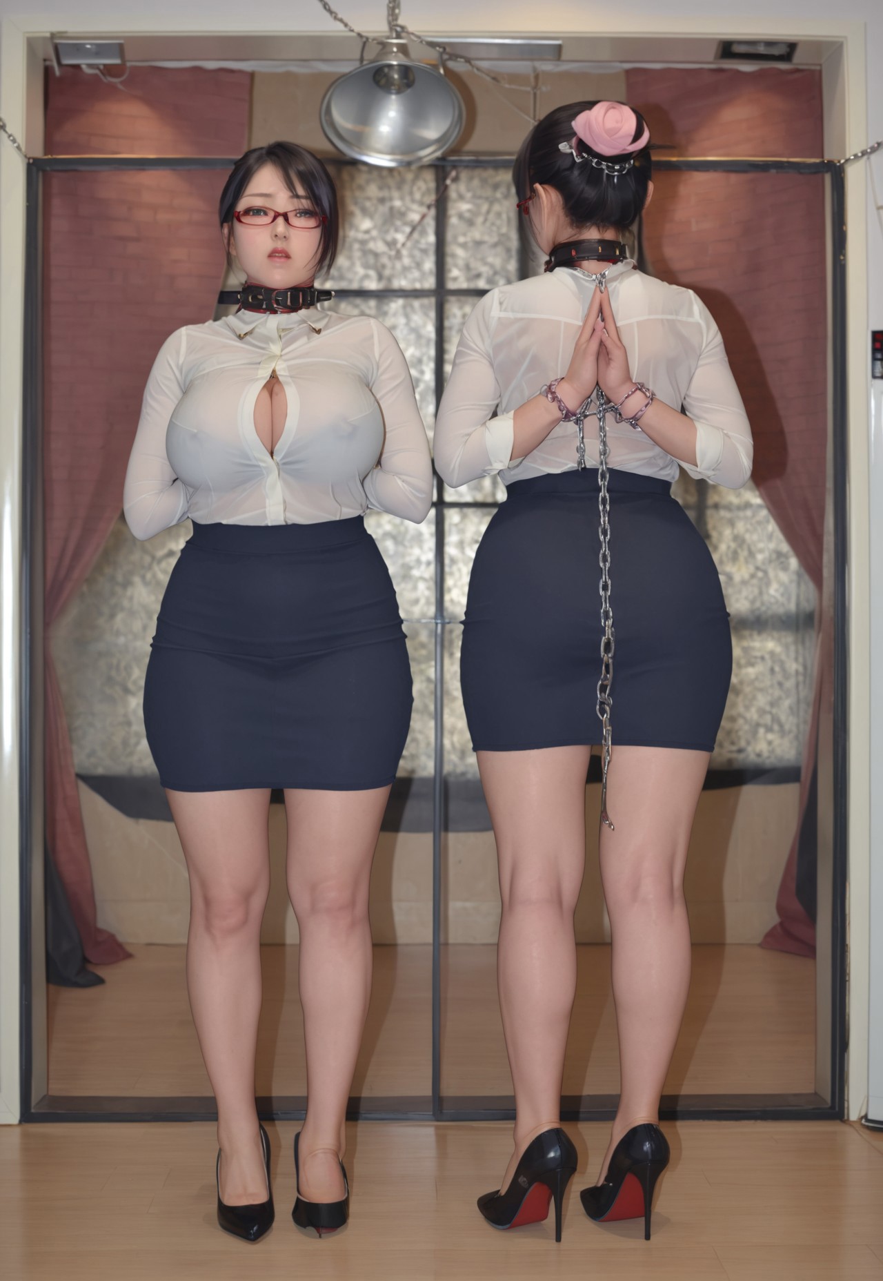 safe_pos, full body,2 girls,Stand,side by side,1 girl body facing forward,the other girl Body facing back，bangs,  glasses, bun，BDSM,blush,black collar,arms behind back,bondage,neck lock in a  black collar,hands behind her back inti-prayer posture,wrist attached to her collar with a piece of chain , Large window, City view outside window, see-through white shirt, breasts apart,jewelry, ((huge breasts)),Black short pencil skirt,  black stiletto heels,