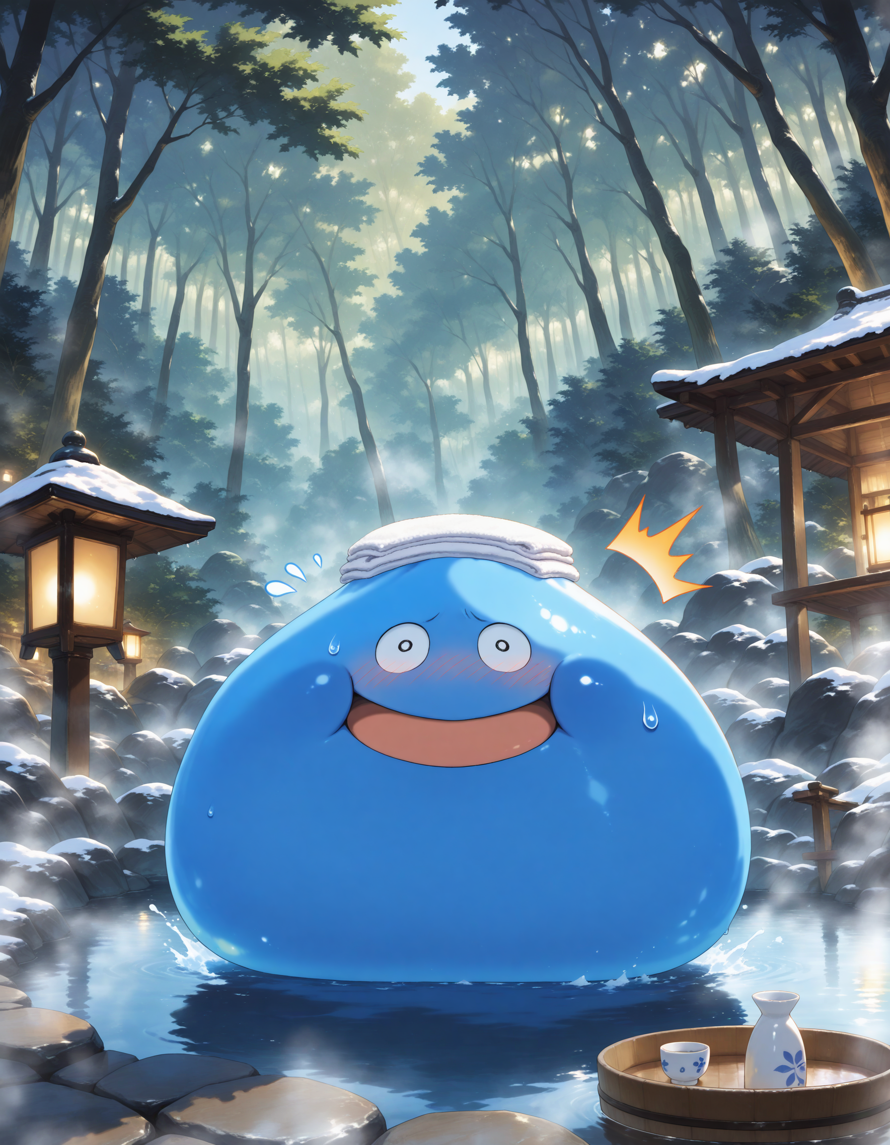 SmoothNoob_Quality,masterpiece,extreme detailed,full_body,outdoors,forest BREAK 1other,no humans,king slime,slime \(creature\),:D,open mouth,blue skin,blush,<lora:NOOB_vp1_detailer_by_volnovik_v1:1>,<lora:king slime-NAI:1>,towel on head,^^^,embarrassed,onsen,bathing,in water,steam,choko \(cup\),looking at viewer,sweatdrop,