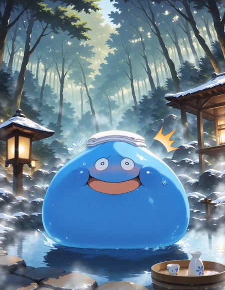 SmoothNoob_Quality,masterpiece,extreme detailed,full_body,outdoors,forest BREAK 1other,no humans,king slime,slime \(creature\),:D,open mouth,blue skin,blush,<lora:NOOB_vp1_detailer_by_volnovik_v1:1>,<lora:king slime-NAI:1>,towel on head,^^^,embarrassed,onsen,bathing,in water,steam,choko \(cup\),looking at viewer,sweatdrop,