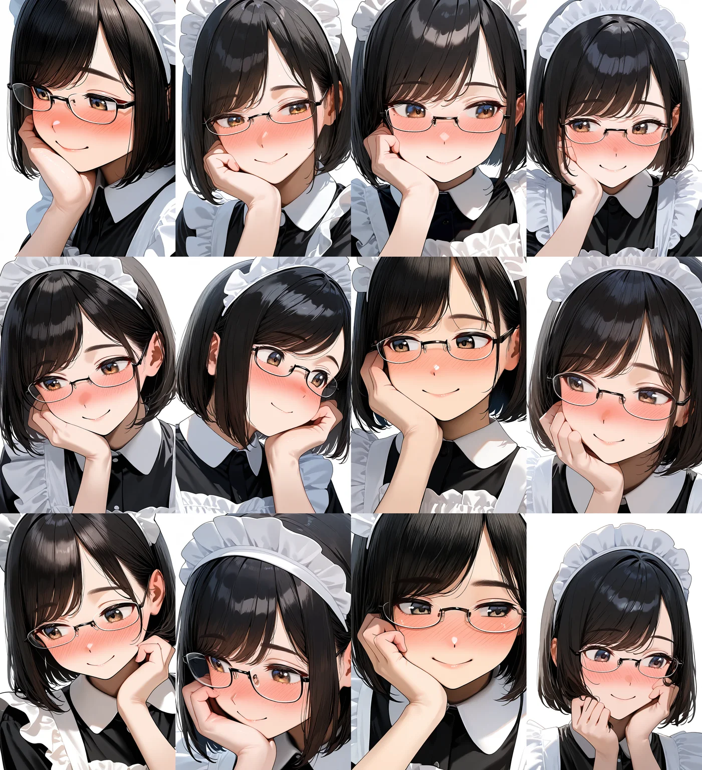 underrim_metal, under-rim eyewear, black-framed eyewear,
1girl, solo, black hair, bob cut, swept bangs, maid headdress, maid dress, maid apron, happy, smile, nose blush,
simple background, white background, portrait, upper body, looking at another, look down, looking to the side, hand on own cheek,
masterpiece, best quality, amazing quality, very aesthetic, absurdres,
<lora:glasses_underRimMetal_Illustrious_V1L:1>