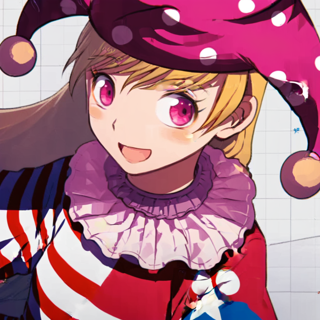clownpiece 1girl, solo, long hair, looking at viewer, smile, open mouth, blonde hair, hat, striped, pink eyes, polka dot, close-up, jester cap, american flag dress, neck ruff, clownpiece  <lora:Gumi-000064:1>