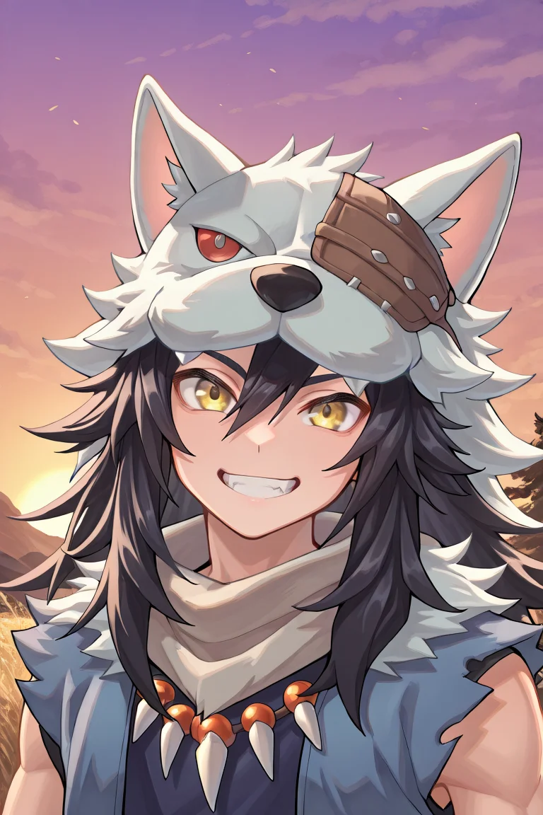 <lora:FlunkyIL:0.8> , fludef, 1boy, black hair, long hair, yellow eyes, wolf hat, wolf hood, wolf pelt, wolf tail, grey scarf, bandana around neck, necklace, tooth necklace, fur trim, blue vest, torn clothes, (grin), ((face, close-up)), portrait, looking at viewer, evening, (solo), masterpiece, very aesthetic, absurdres, best quality, amazing quality, high resolution, detailed background,  <lora:illustrious_quality_modifiers_masterpieces_v1:0.8> , <lora:ChamIllustriousBackgroundEnhancer:0.5>