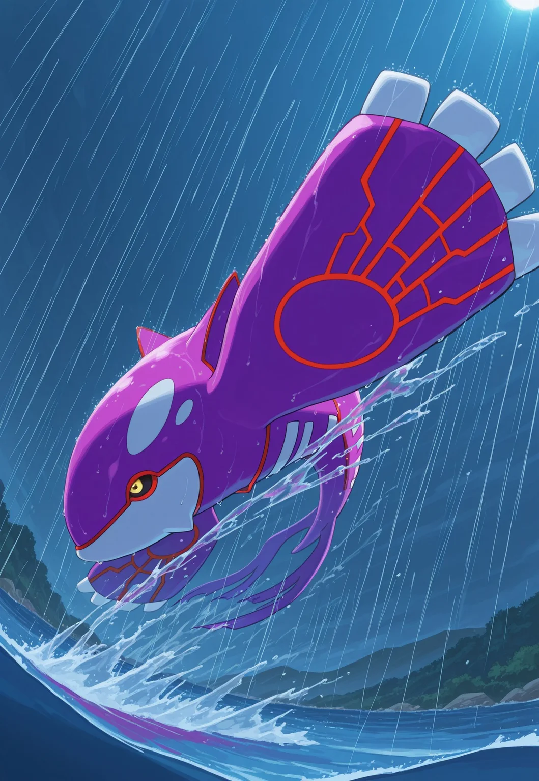 score_9, score_8_up, score_7_up, masterpiece, best quality, very aesthetic, absurdres, amazing quality, high resolution, ultra-detailed, volumetric lighting, newest, scenery, perspective, PKMN_Kyogre, 1other, solo, pokemon focus, yellow eyes, black sclera, red body markings, ShinyKyogre, pink skin, alternate color, jumping, out of water, splashing, closed mouth, rain,