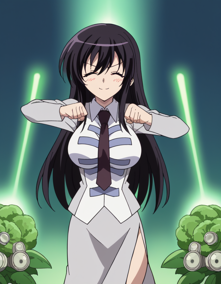 score_9, score_8_up, score_7_up, source_anime, <lora:kyouko-sonan-s1-ponyxl-lora-nochekaiser:1>, kyouko sonan, long hair, black hair, purple eyes, hair between eyes, sidelocks, anime screencap,, skirt, long sleeves, uniform, side slit, skirt suit, necktie, large breasts,, nuclear powerplant, radiation, cooling towers, danger, energy, smile, <lora:shikairo-days-dance-ponyxl-lora-nochekaiser:1>, shikairo days dance, shikairo days dance (meme), dancing, meme, closed eyes, clenched hands, glowsticks, blush, smile,, looking at viewer, solo,, dutch angle, cowboy shot