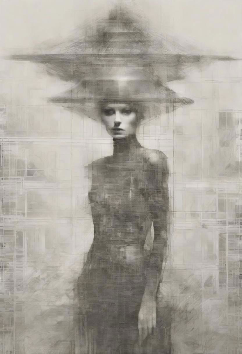 Monochrome black and white, Giger, Beksinski, Zawadzky, Dali, Magritte, Delvaux, Bellmer, Malevitch, Rodchenko, Mondrian, Kandinsky, Popovna, psychedelic hallucination, pop surrealism, rough crosshatch drawing pop art Lunatic_Portrait of a young woman in latex Avant-garde Fashion page, slick back, low bun, black makeup, sinister expression, intense glare, avant-garde, abstract, weird, geometric, constructivism, suprematism, rayonism, verticism, lineism, tj