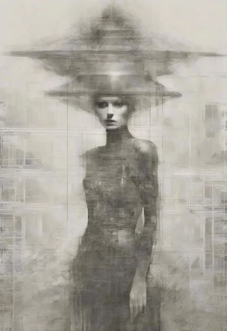 Monochrome black and white, Giger, Beksinski, Zawadzky, Dali, Magritte, Delvaux, Bellmer, Malevitch, Rodchenko, Mondrian, Kandinsky, Popovna, psychedelic hallucination, pop surrealism, rough crosshatch drawing pop art Lunatic_Portrait of a young woman in latex Avant-garde Fashion page, slick back, low bun, black makeup, sinister expression, intense glare, avant-garde, abstract, weird, geometric, constructivism, suprematism, rayonism, verticism, lineism, tj