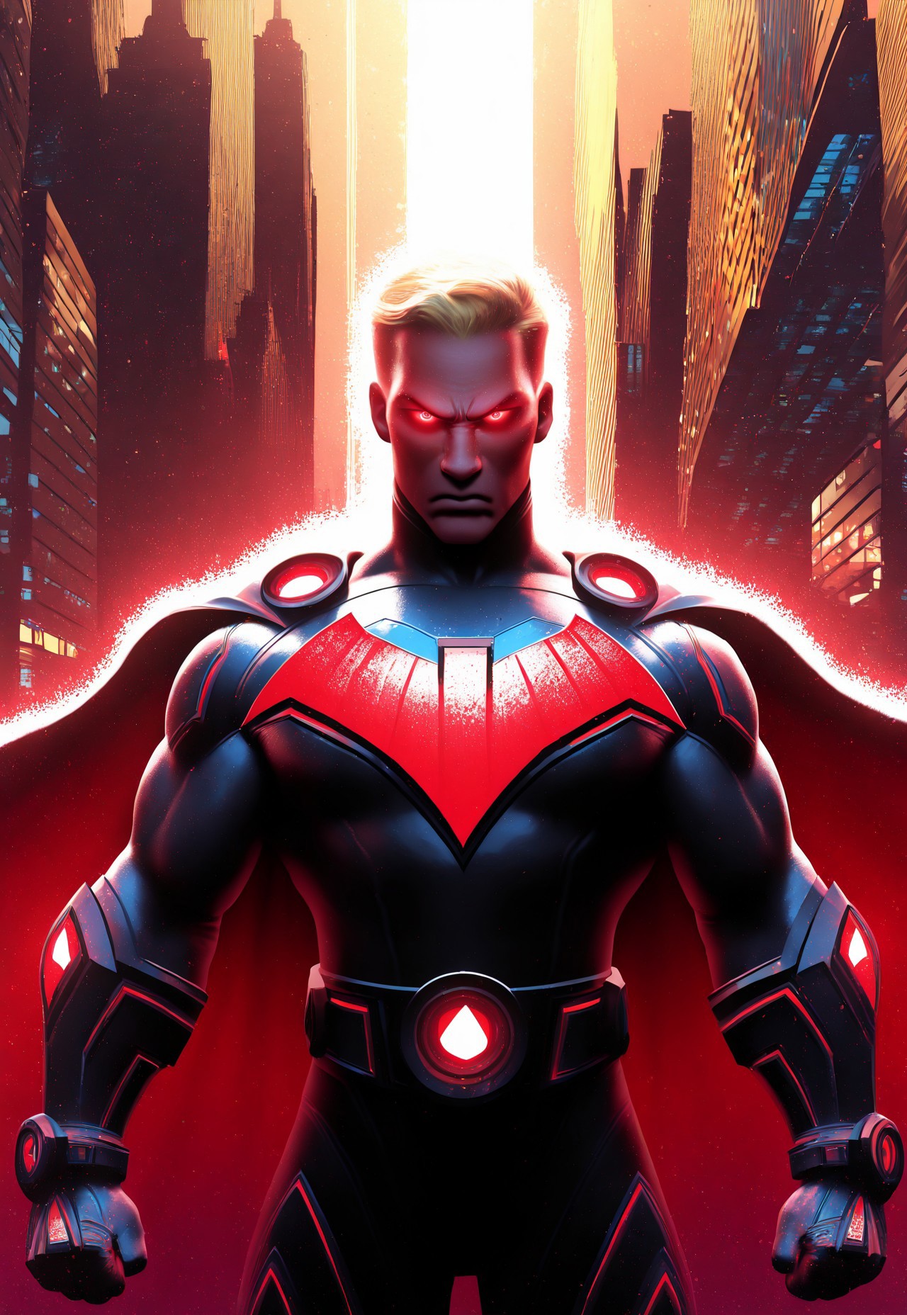 masterpiece, very aesthetic, absurdres, Chr0m1um Style, red eyes, superhero, manly, cape, city, solo, looking at viewer, glowing, glowing eyes, gloves, male focus, serious, 1boy, building, blonde hair, comic art style, holographic, embossed, chromium, glitter